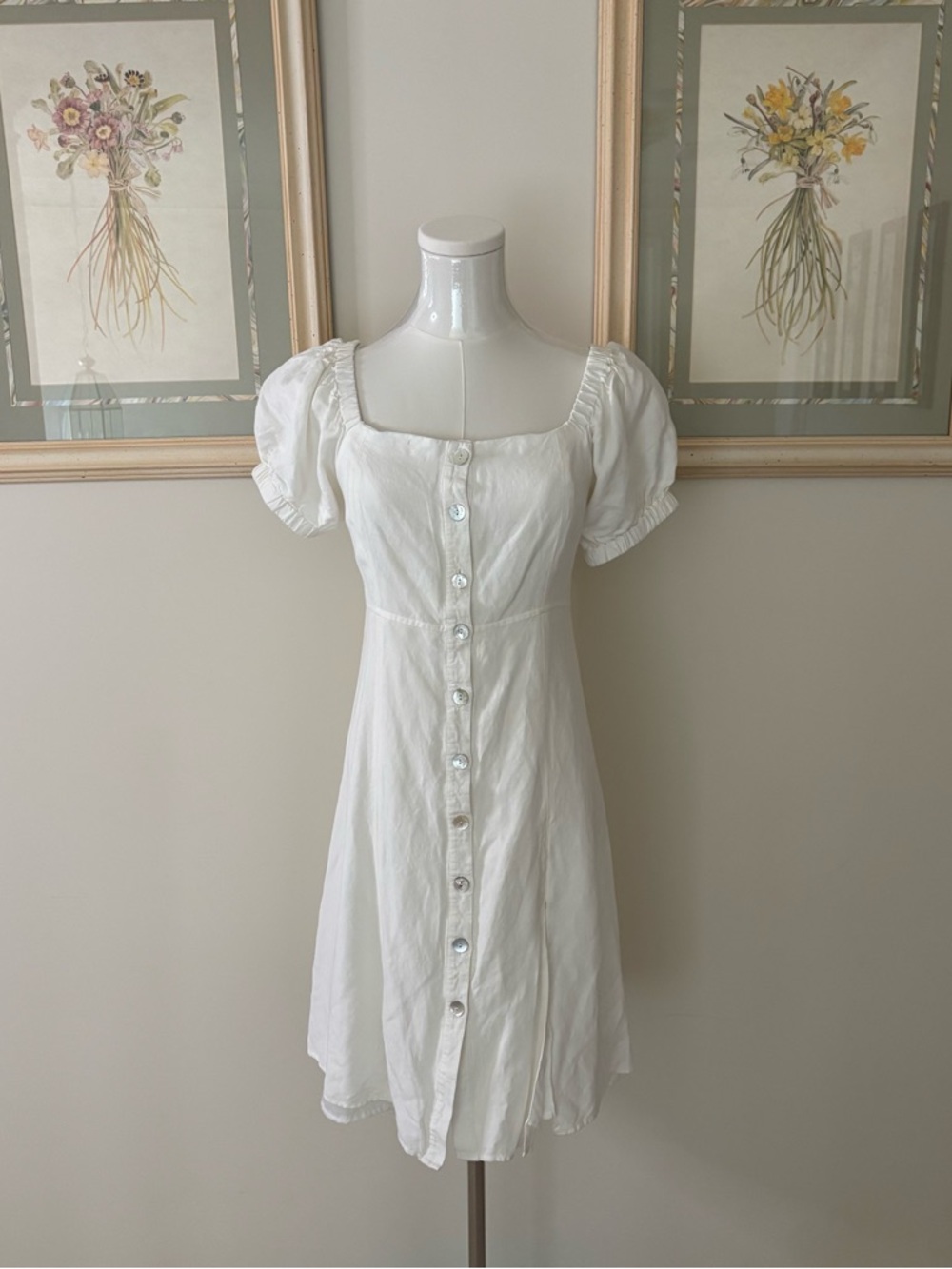 White Linen Button Up Puff Sleeve Dress